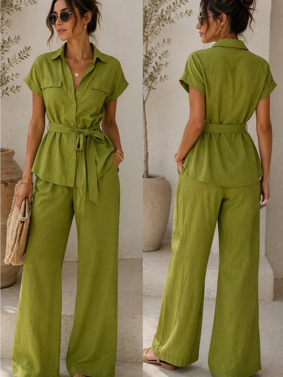 Bedo Pants - Olive Green Linen 2 Piece Set: Pants & Shirt 💚